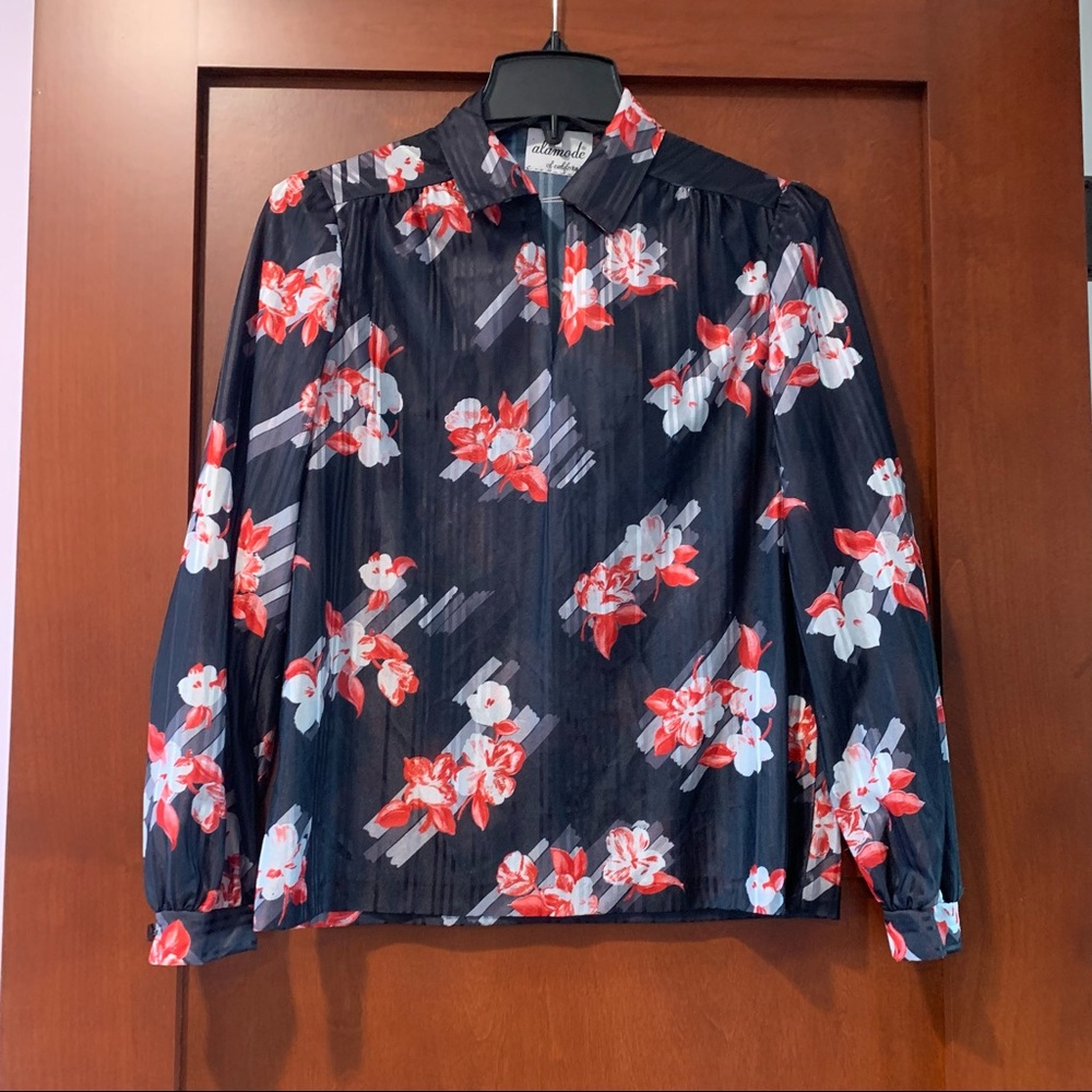 Vintage Alamode of California Floral Long Sleeve Collared Top Shirt Blouse